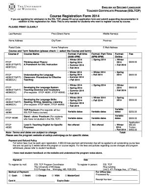 Fillable Online Uwinnipeg Final ESLTCP Registration Form 2014 The