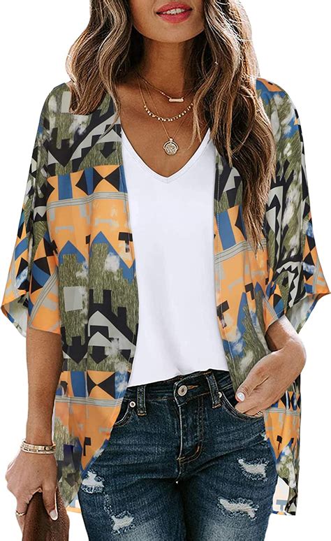 Women S Floral Print Puff Sleeve Kimono Cardigan Loose Cover Up Casual