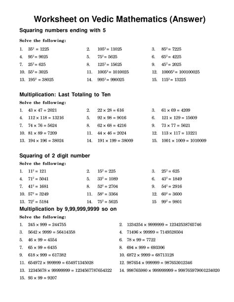 Vedic Mathematics Worksheet