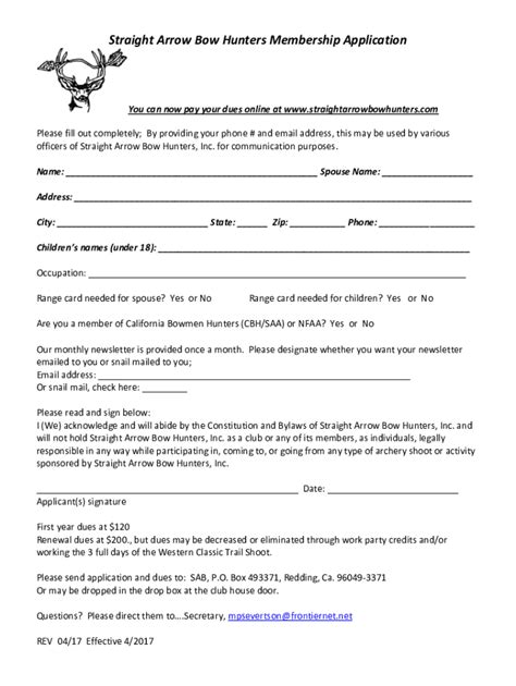 Fillable Online Straight Arrow Bow Hunters Membership Application Fax