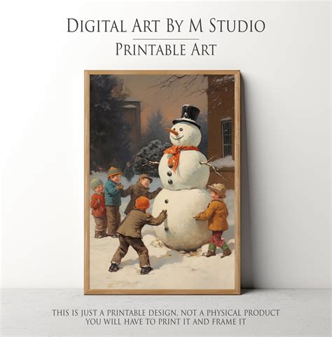 Kids Playing With a Snowman Oil Painting Christmas Wall Art, Snowman ...