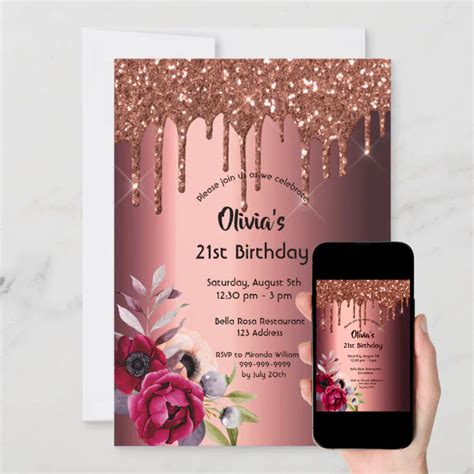 Birthday Glitter Drip Burgundy Floral Invitation Zazzle