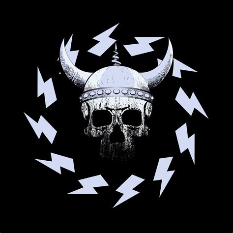 Viking Skull T Shirt Design With Thunder Symbols Isolated On Black