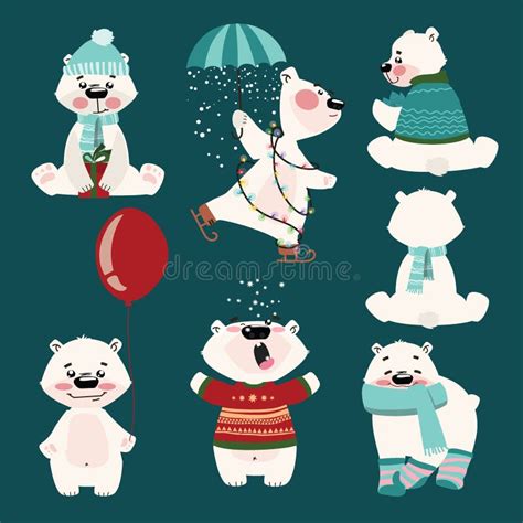 Set Of Polar Bears Collection Of Cartoon Polar Bears Christmas