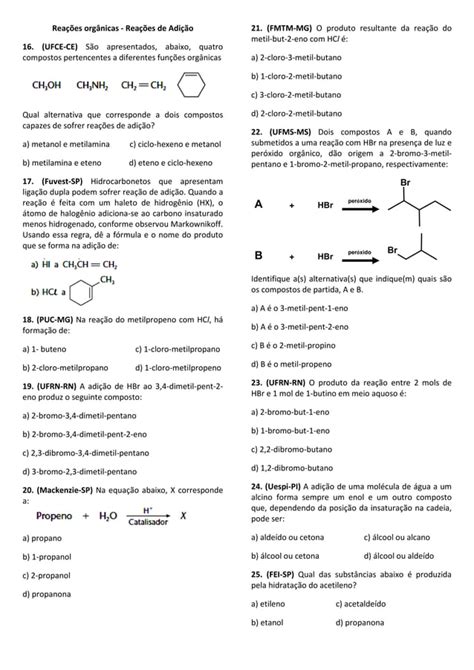 Lista De Exercícios ácido Base E Reações De Adição Pdf