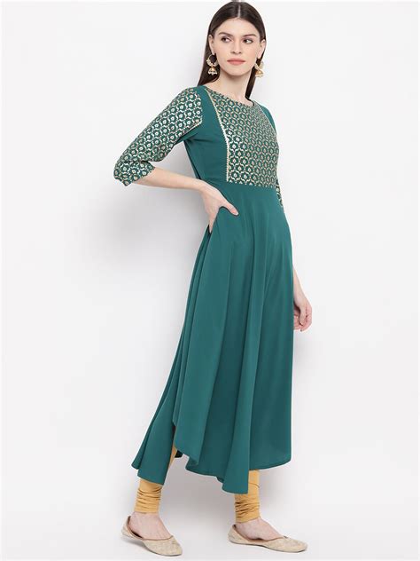 Janasya Teal Ethnic Motifs Yoke Design Crepe Anarkali Kurta Distacart