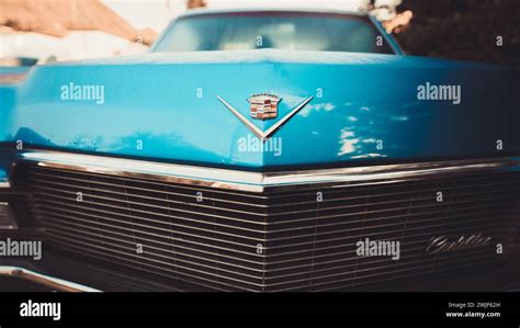 Vintage Luxury Old Retro Blue Cadillac Coupe Deville On The Street