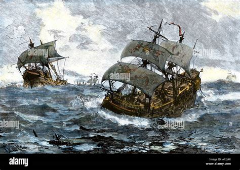 Retreat Of The Spanish Armada From England In Stormy Seas 1588 Stock