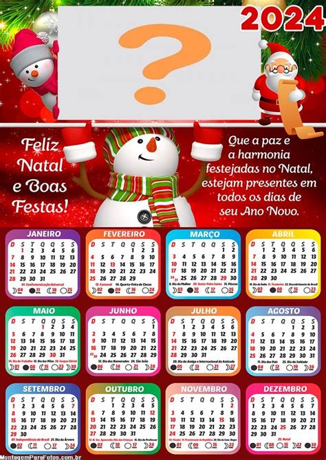 Calendário 2024 Feliz Natal e Boas Festas Frases Natalina Colagem de Foto