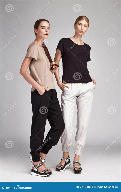 Two Beautiful Woman Blond And Brunette Hair Wear Stock Photo Image Of Background Elegant