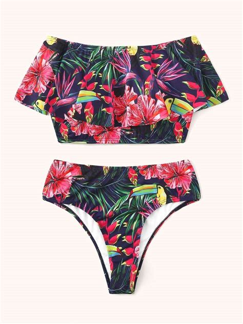 Tropical Flounce Top With High Waist Bikini Bottom Bikini Set High