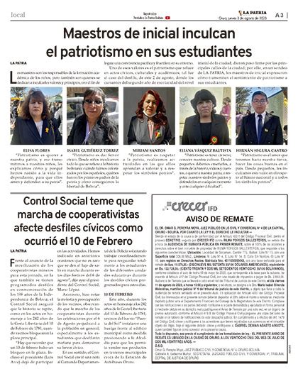 Crecer IFD Aviso de Remate Periódico La Patria Oruro Bolivia