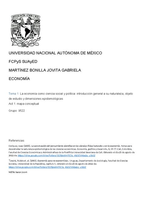 Economía Mapa Conceptual Universidad Nacional AutÓnoma De MÉxico Fcpys Suayed MartÍnez Bonilla