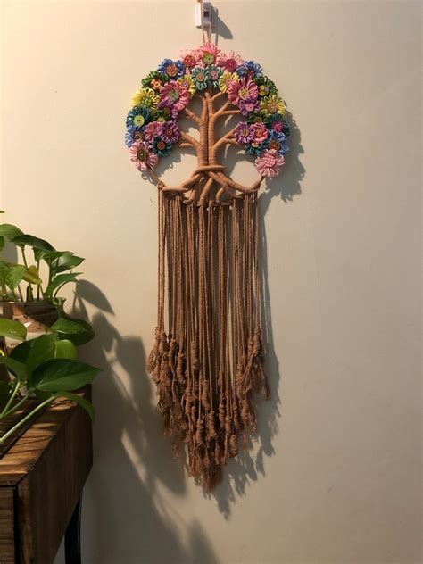 Macrame Wall Hanging With Flowers Boho Macrame Wall Decor Etsy