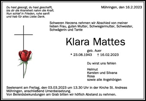 Traueranzeigen Von Klara Mattes Schwaebische De Trauerportal