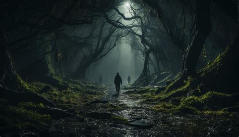 Premium Photo One Person Walking In Dark Forest Spooky Generated By AI