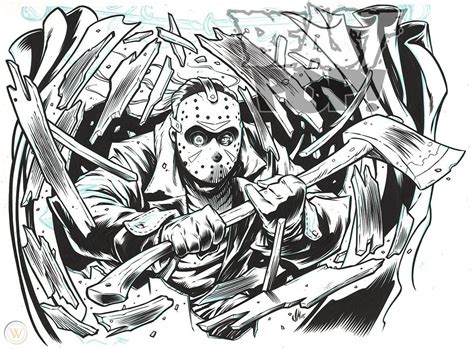 Friday The 13th Jason Voorhees Original Horror Ink Drawing And Free Color