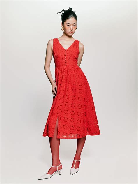 V Neck Sleeveless Midi Dress Red Pomelo Fashion