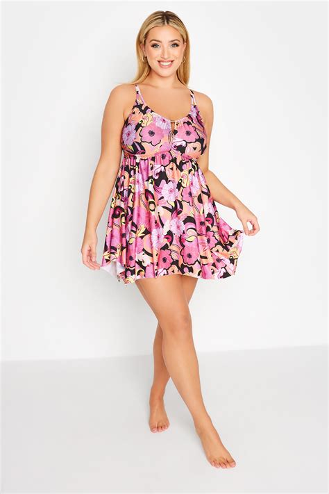 Plus Size Pink Retro Floral Print Hanky Hem Tummy Control Swim Dress