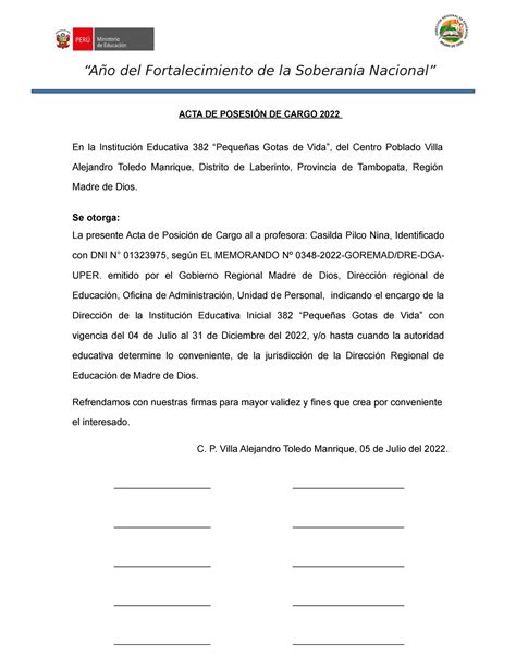 ACTA DE Posesión DE Cargo 2022 Año del Fortalecimiento de la