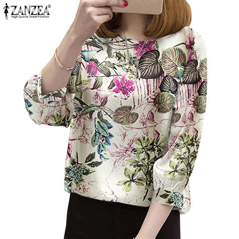 Zanzea Women Casual Loose 3 4 Sleeve O Neck Cotton Floral Printed Tops