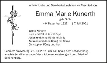 Traueranzeigen Von Emma Marie Kunerth Schwaebische De Trauerportal