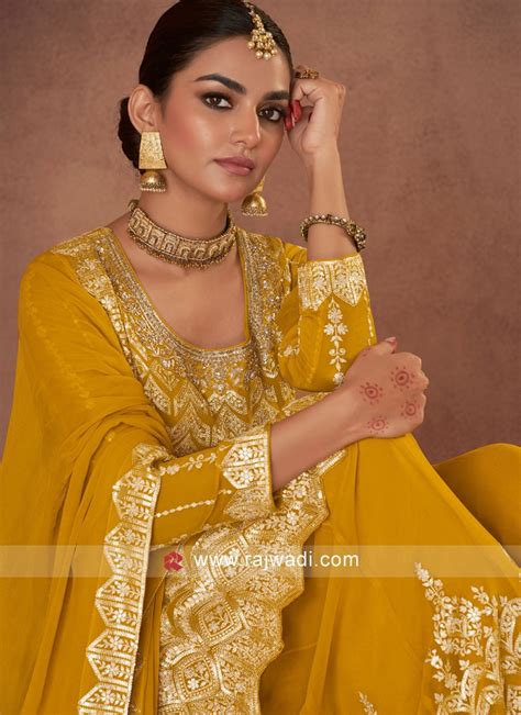 Mustard Yellow Chinon And Georgette Palazzo Salwar Kameez