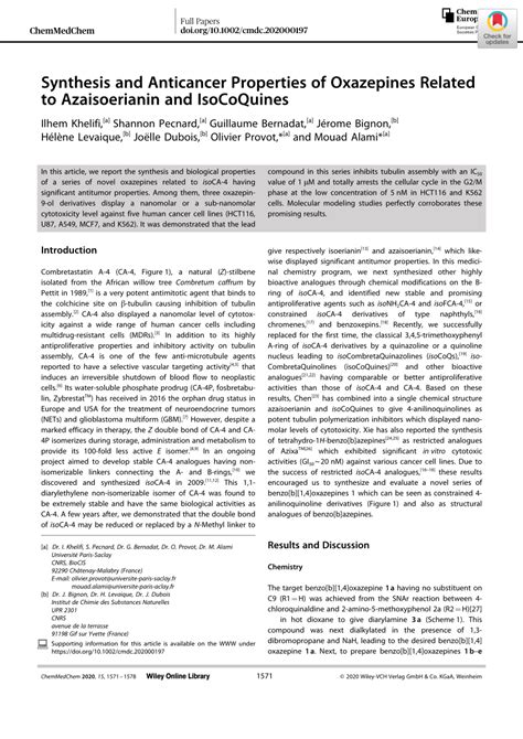 Pdf Synthesis And Anticancer Properties Of Oxazepines Related To