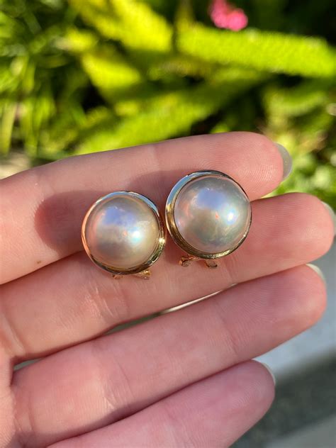 Vintage Solid 14k Yellow Gold Mabe Pearl Earrings Fine Etsy