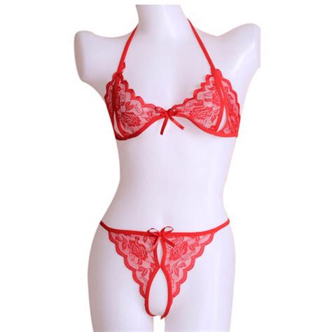 Jual Bra Set Open G String Lingerie Wanita Lace Bra Transparan Sexy A Merah All Size