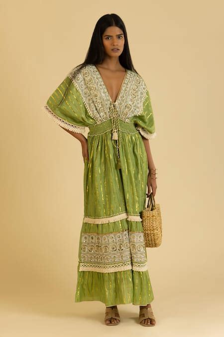 Buy Green Cotton Lurex Embellished Sequins V Neck Stripe Pattern Kaftan