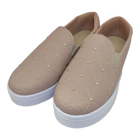Tenis Feminino Slip On Nude Strass Levessima Confortavel Shopee Brasil