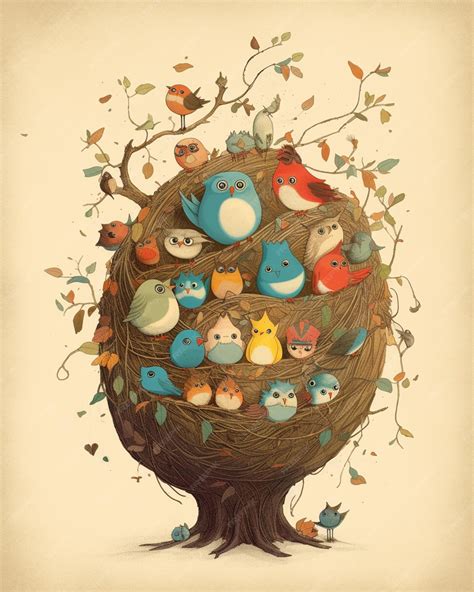 Premium AI Image | A drawing of a tree with many birds on it