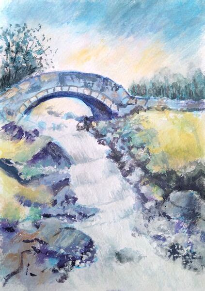 Landschaft mit einer Brücke Acrylmalerei Landschaft Wasserfall