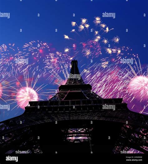 Celebratory colorful fireworks over the Eiffel Tower in Paris, France ...