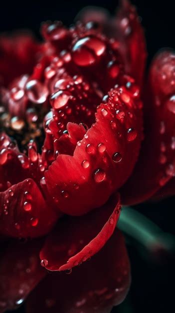 Premium Ai Image Red Flower With Water Drops On The Petals