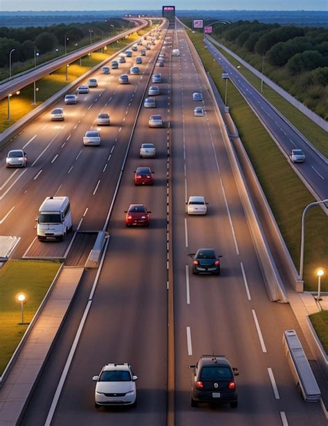 Voitures De La Circulation Nocturne Sur La Route Au Coucher Du Soleil