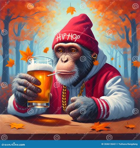 Painting of Hiphop Monkey Drinking Beer at a Bar. Stock Illustration ...