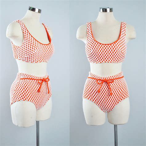 Vintage 60s 2pc Swimsuit Playsuit 1960s Carol Brent Orange Net Netted Sun Top High Waist Mini