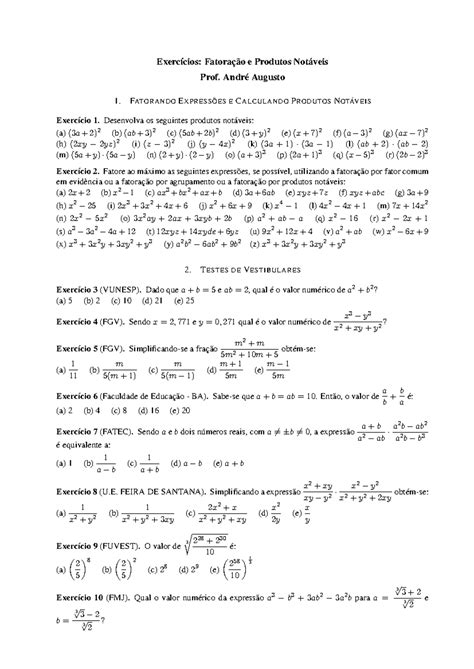 Fatorac A C A O Exerc Cios Fatora O E Produtos Not Veis Prof