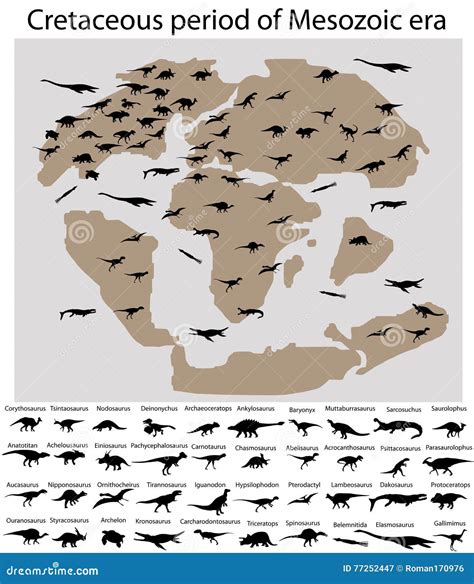 Dinosaurs Of Cretaceous Period On Map Stock Vector Illustration Of