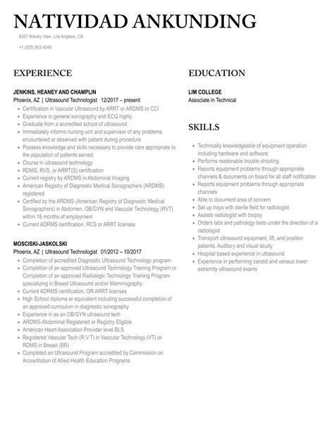 Ultrasound Technologist Resume Samples Velvet Jobs