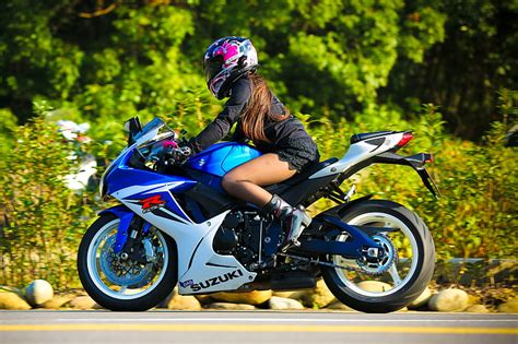 HD wallpaper: white and blue Suzuki R sports bike, girl, motorcycle ...