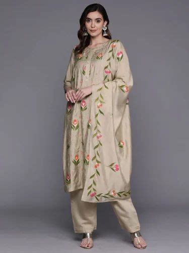 Poly Silk Indo Era Beige Embroidered Straight Kurta Trousers With