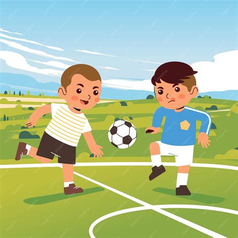 Premium Vector Two Boys Playing Soccer On A Field With Hills And Sky