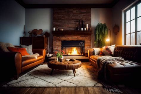 Cozy Living Room With Warm Wood Tones Natural Materials And Fireplace