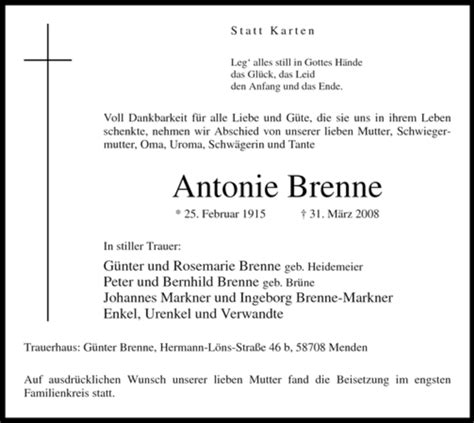 Traueranzeigen Von Antonie Brenne Trauer In NRW De