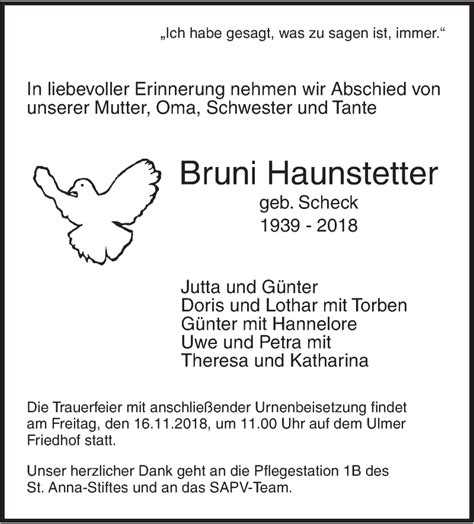 Traueranzeigen Von Bruni Haunstetter S Dwest Presse Trauer