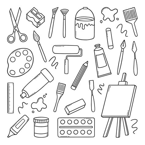 Hand drawn set of artist tools doodle. Art supplies in sketch style ...