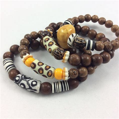 Wood And African Beads Stretch Bracelets African Beads African Trade